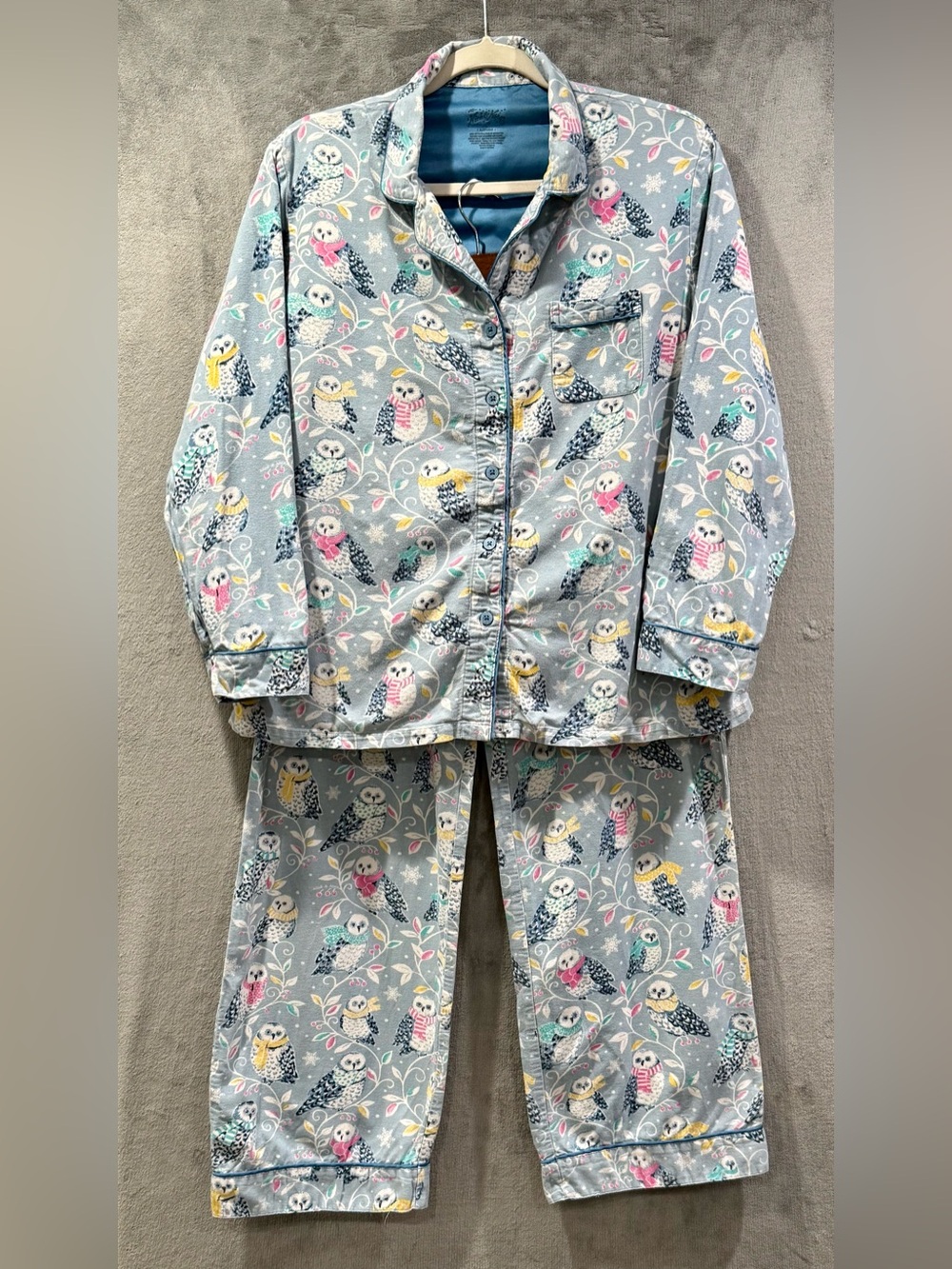 Nick and Nora Pajama Set Size L Blue Cotton Flannel Pockets Winter Snow Owl Rare